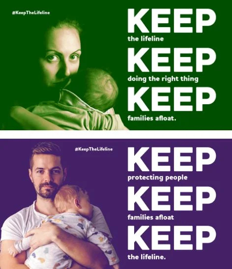 #KeepTheLifeline adverts, parents holding babies