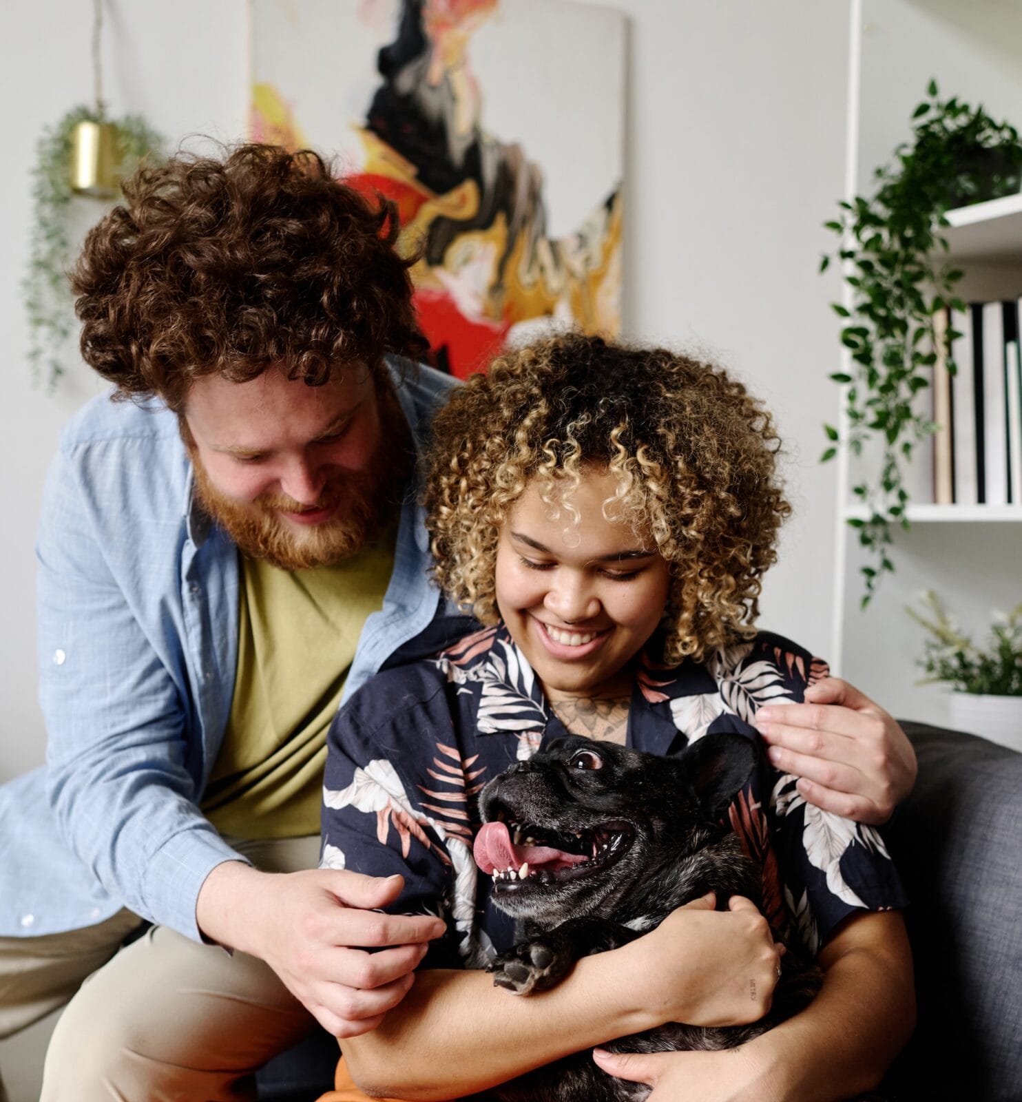 A smiling man and woman cuddle their french bulldog in a cosy home setting